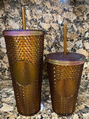 Starbucks Iridescent Amber Studded Tumblers with Gold Straws